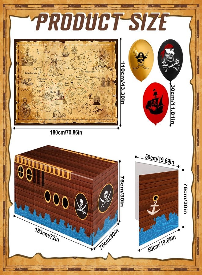 Jiytivity 21 Pcs Pirate Party Decorations Include 43" x 70" Pirate Treasure Map Backdrop 1 Pirate Party Tablecloth 1 Cardboard Pirate Ship 18 Black Red Golden Balloons for Carnival Birthday - Image 2